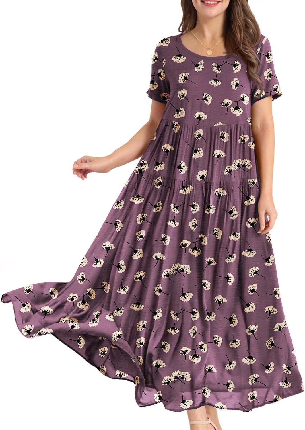 YESNO Women Casual Loose Bohemian Floral Dress with Pockets Short Sleeve Long Maxi Summer Beach Swing Dress EJF