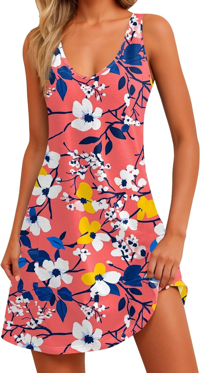 Women's Sleeveless Floral Print Summer Dress Casual V-Neck A-Line Mini Dress for Beach Party and Daily Wear