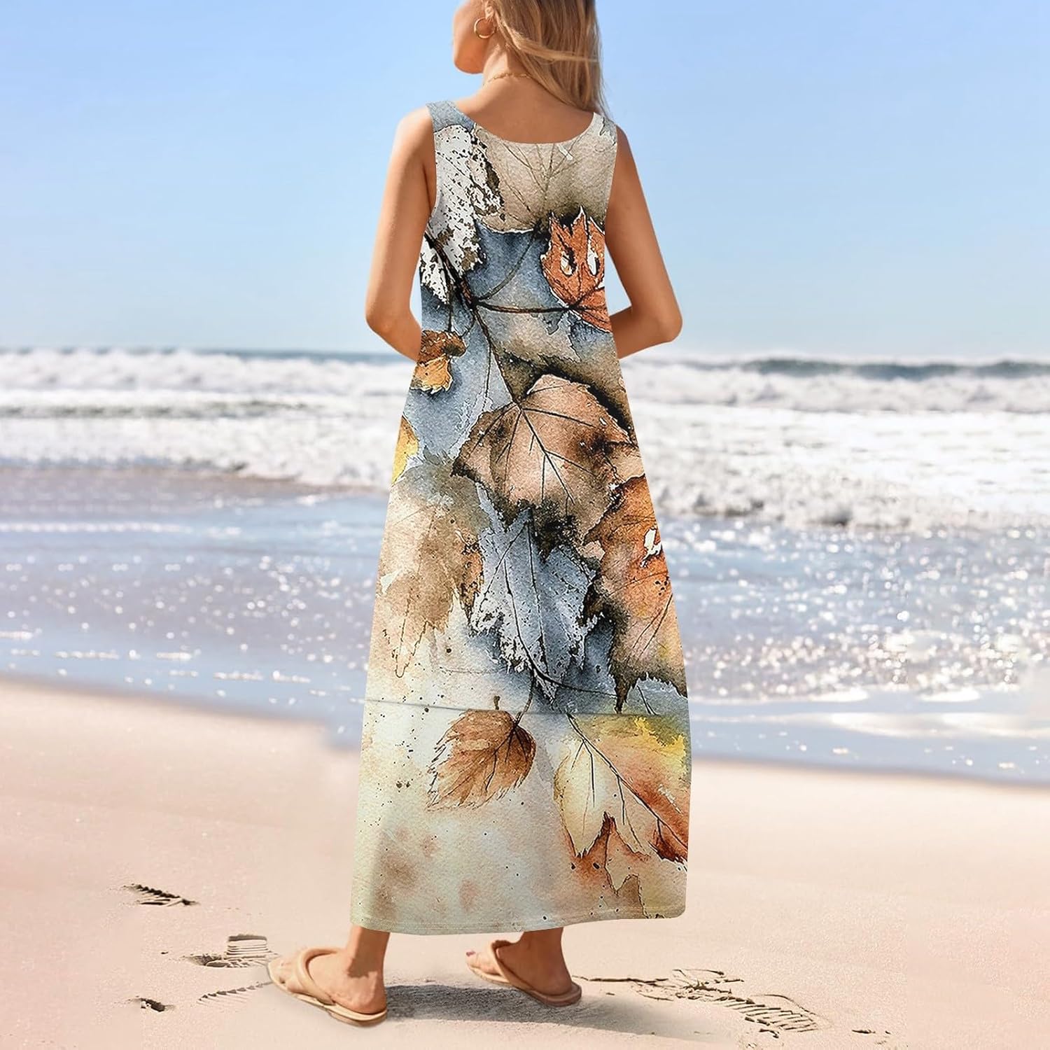 Womens Summer Tank Dress Vacation Boho Floral Long Dresses with Pockets Resort Wear Swing Beach Sleeveless Sundress
