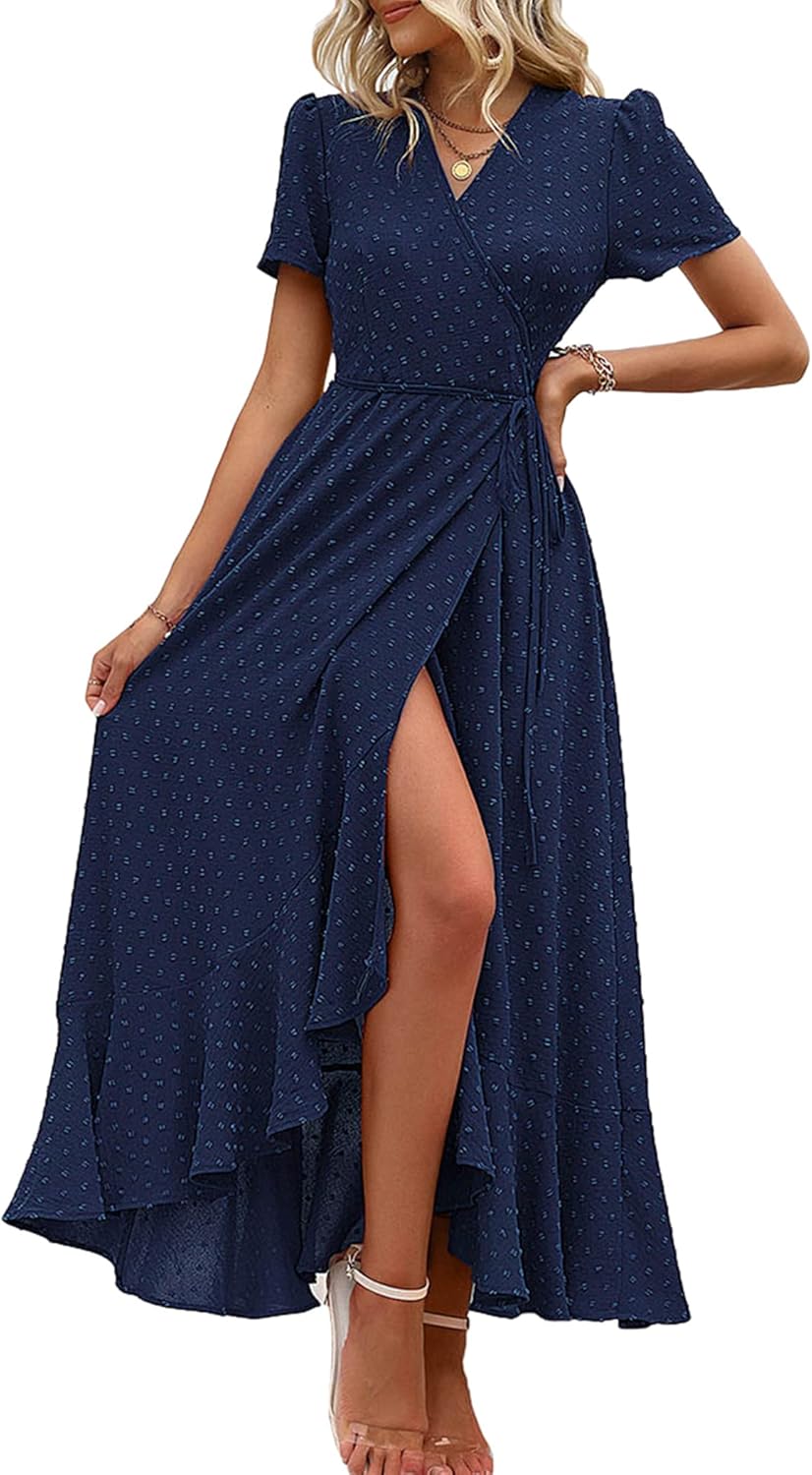 PRETTYGARDEN Women's Summer Wrap Maxi Dress Casual Short Sleeve Floral Boho V Neck Split Ruffle Beach Long Dresses