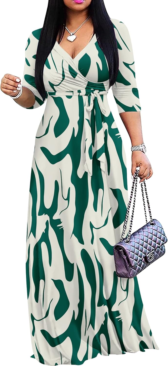 FANDEE Plus Size Maxi Dress for Women Casual Summer Sundress V-Neck 3/4 Sleeve