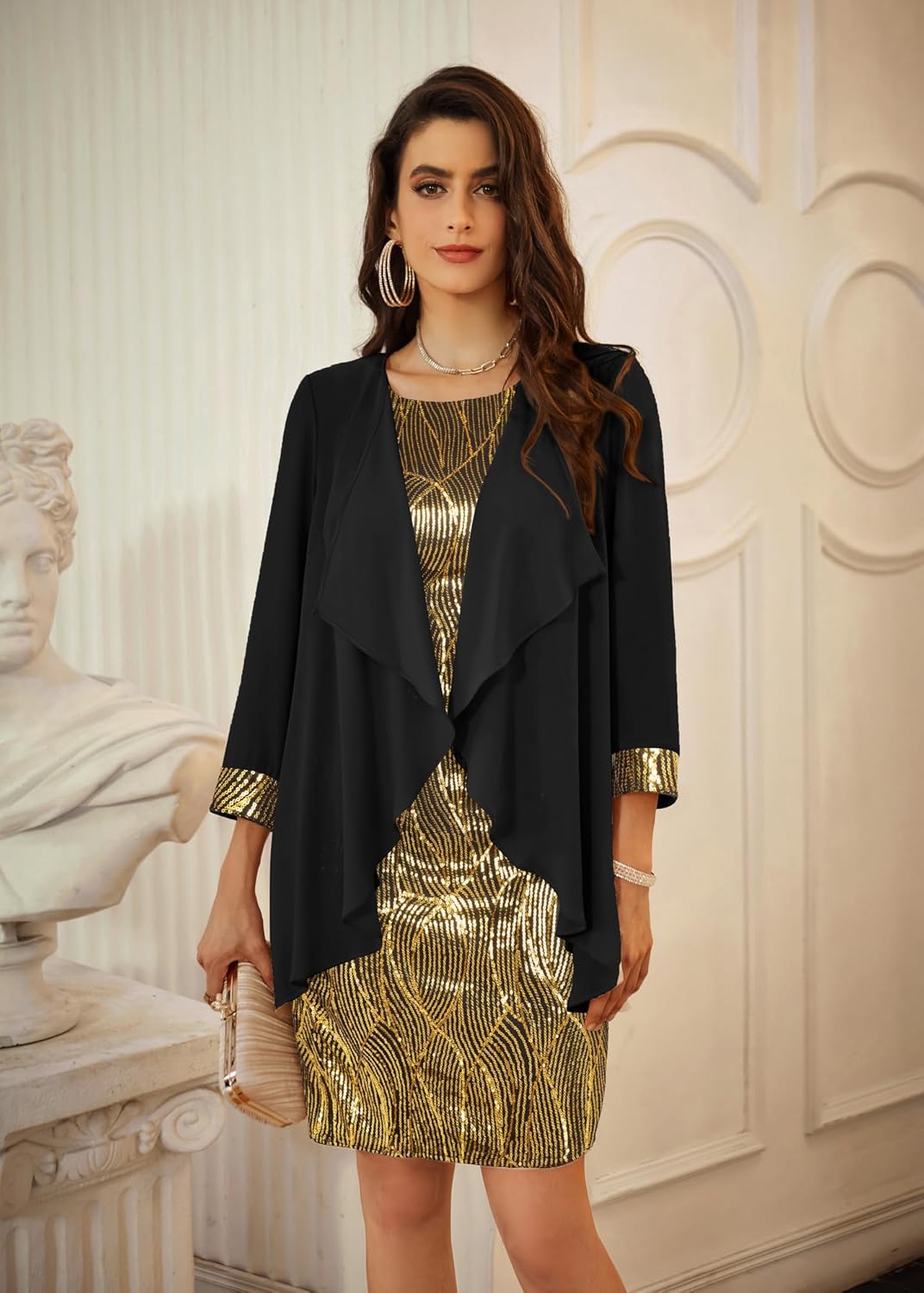 GRACE KARIN Sequin Dress for Women Knee Length Mother of the Bride Dresses Formal Dress Two Piece Dress with Chiffon Jacket