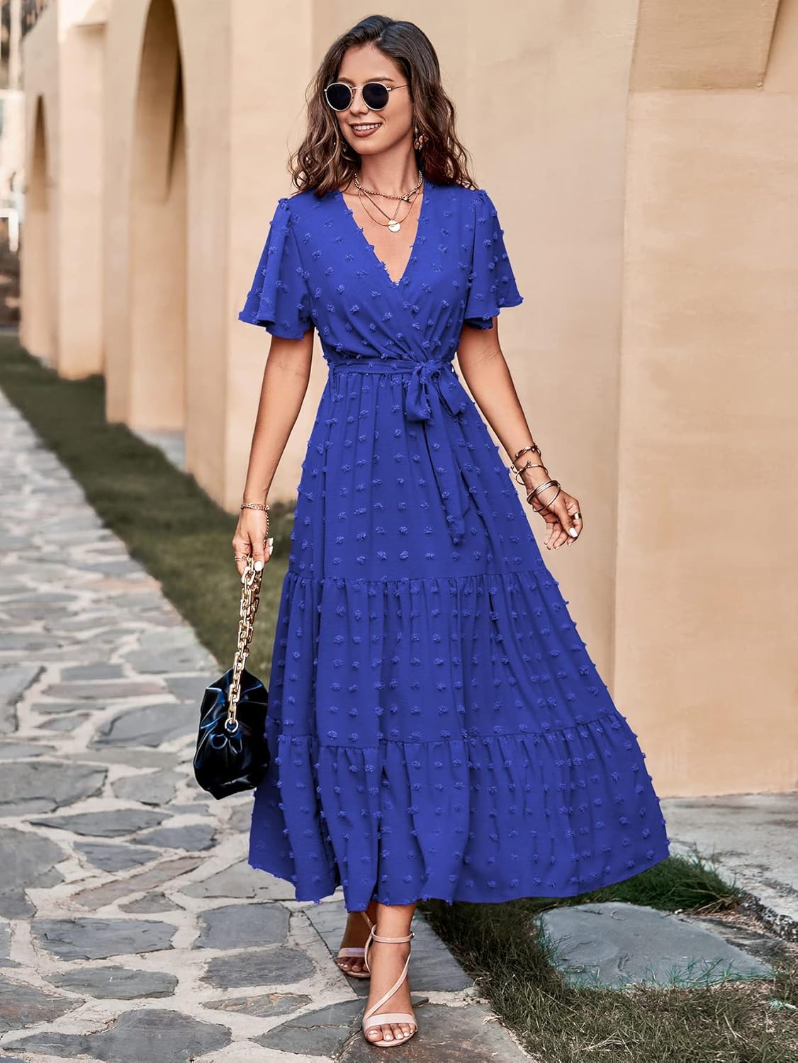 MASCOMODA Womens Boho Swiss Dot Maxi Dresses Wrap V Neck Flutter Short Sleeve Solid Tie Belt A Line Tiered Flowy Long Dress