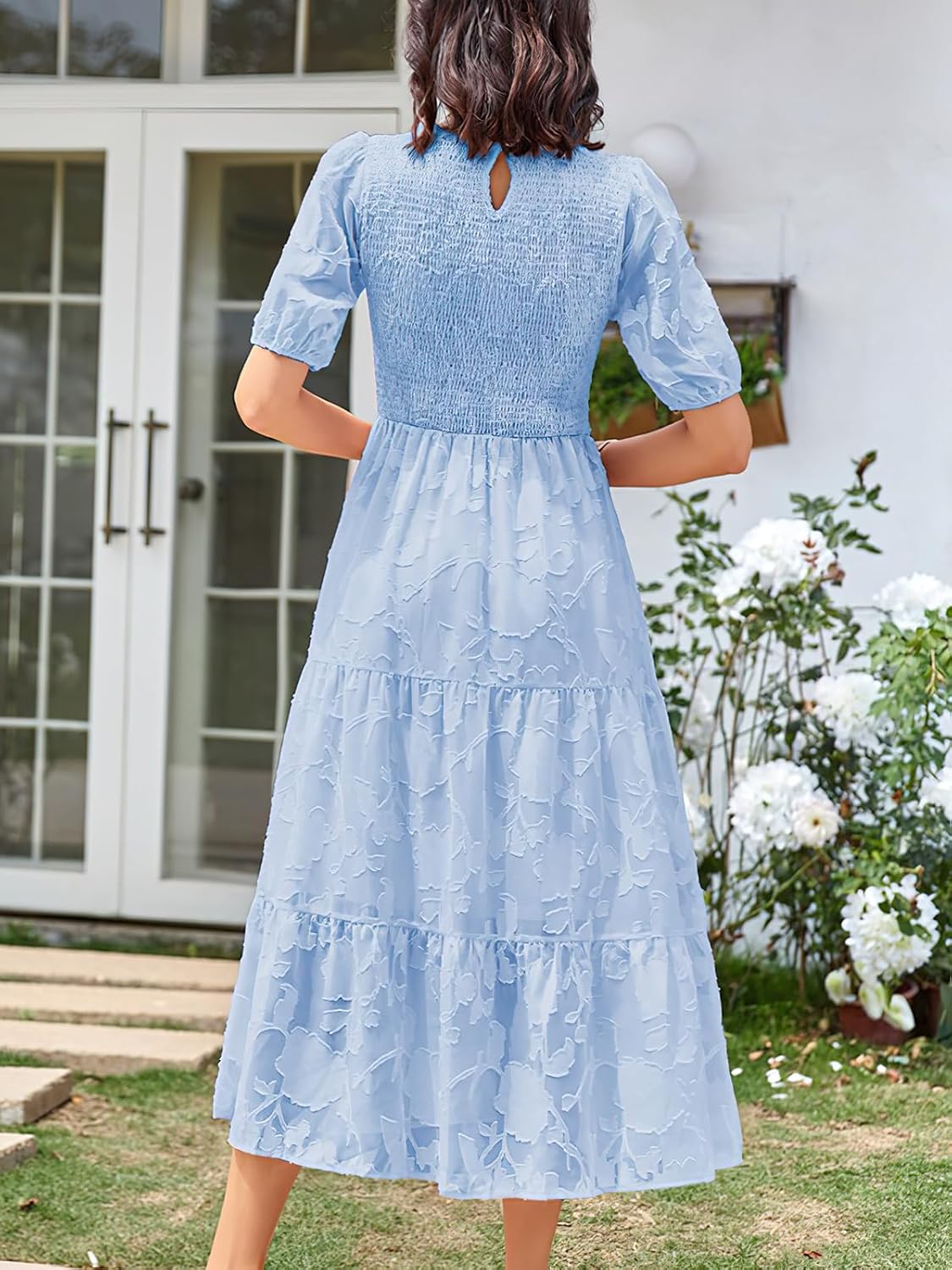 ebossy Women's Casual Smocked Lace Party Dress Puff Sleeve A-line Flowy Tiered Jacquard Midi Dress