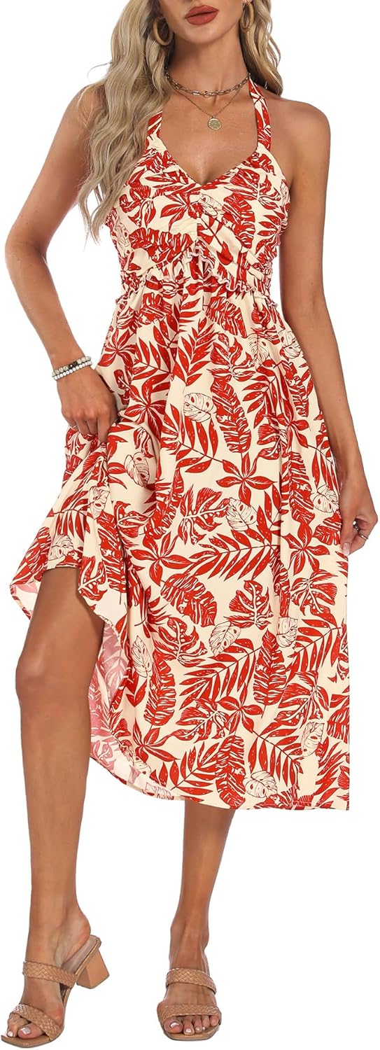 GUBERRY Women's Summer Sundresses with Pockets Halter Neck Smocked Sleeveless Flowy Beach Maxi Dress