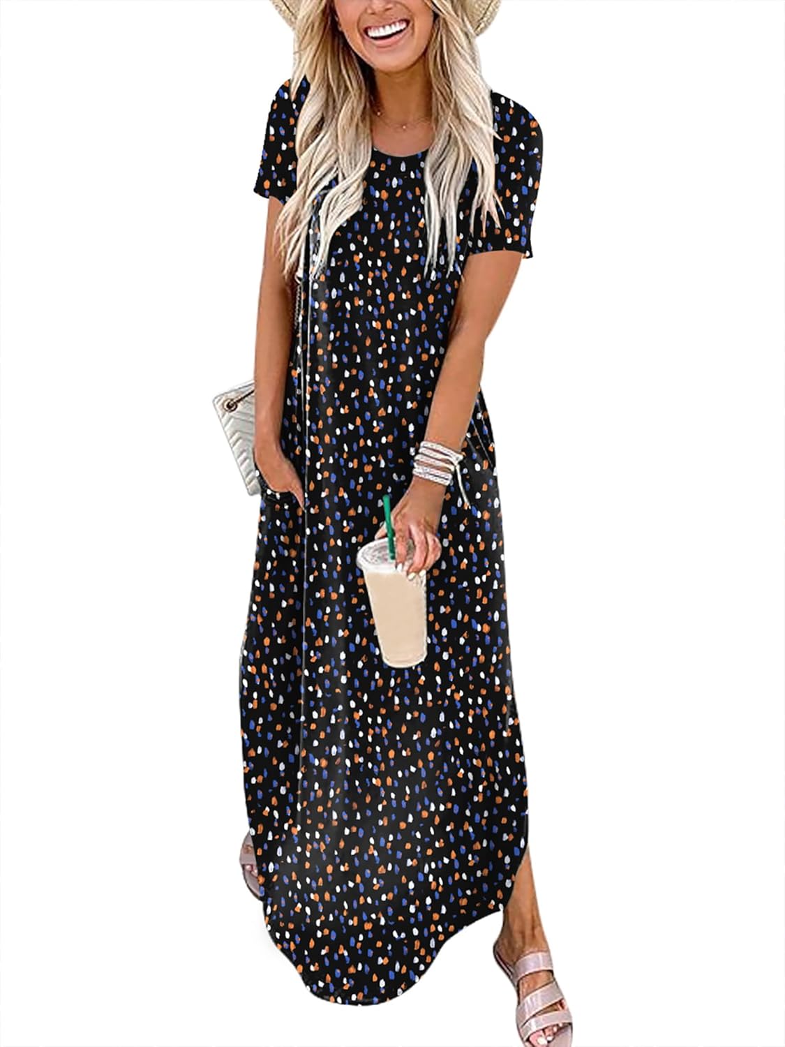 ANRABESS Women's Summer Casual Loose Short Sleeve Long T Shirt Dress Split Maxi Beach Sundress Travel Vacation Outfits