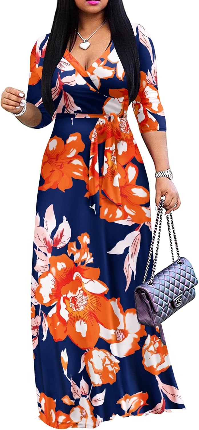 FANDEE Plus Size Maxi Dress for Women Casual Summer Sundress V-Neck 3/4 Sleeve