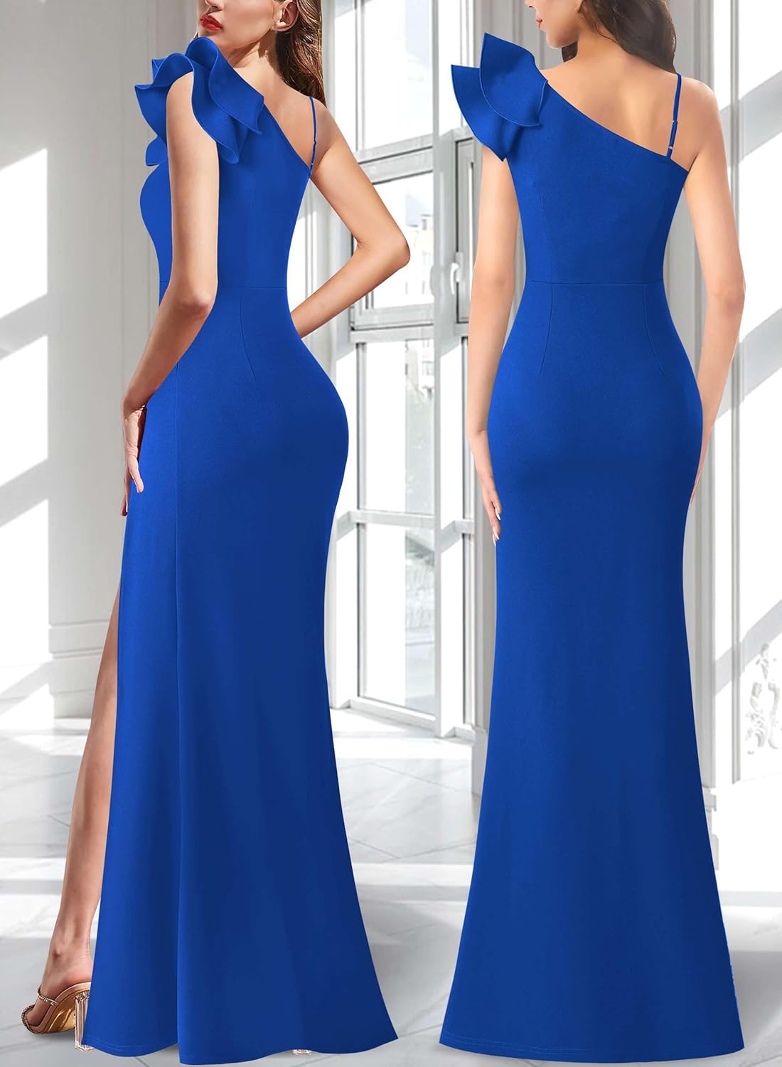 VFSHOW Womens Ruffle One Shoulder Strap Ruched Formal Prom Wedding Maxi Dress V Neck Elegant Split Cocktail Evening Long Gown