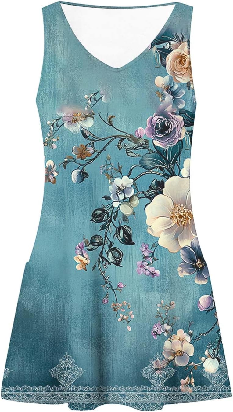 Womens 2025 Spring Summer Dresses Casual Floral Print V-Neck Tank Dress Curve Hem Pleated A-Line Sundresses