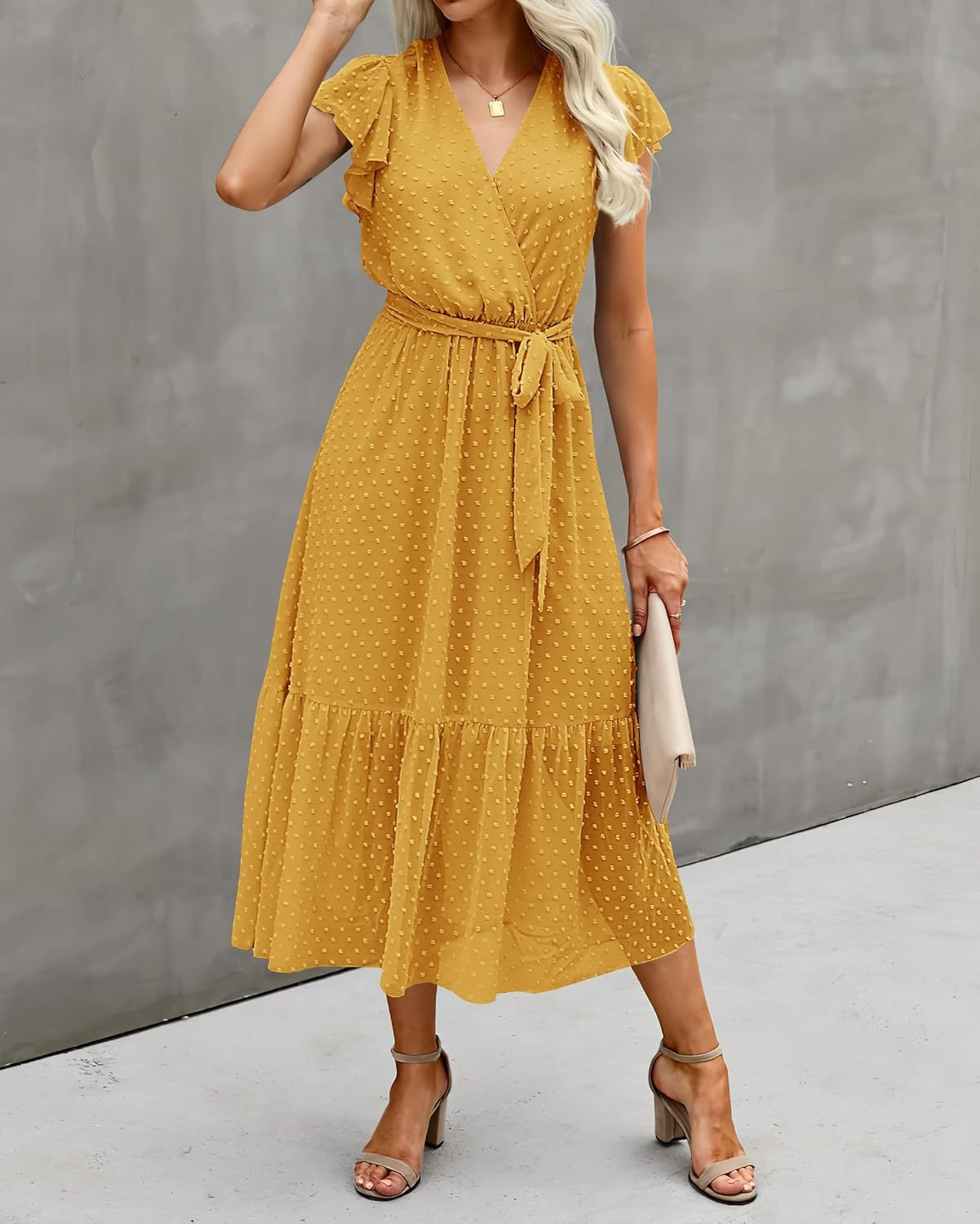 BTFBM Women Summer Bohemian Floral Casual Wrap V Neck Ruffle Cap Sleeveless Belt A-Line Pleated Hem Midi Sun Dress White