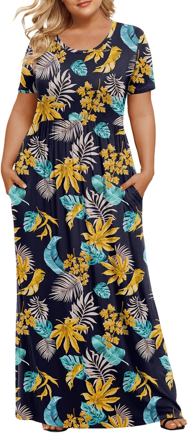 LONGYUAN Women's Plus Size Maxi Dresses for Curvy Women Summer Short Sleeve Casual 2025 Long Dress XL-6XL