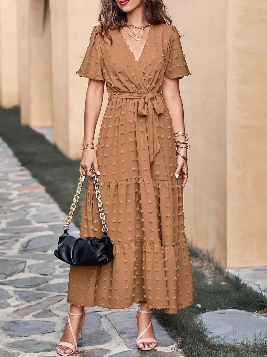MASCOMODA Womens Boho Swiss Dot Maxi Dresses Wrap V Neck Flutter Short Sleeve Solid Tie Belt A Line Tiered Flowy Long Dress