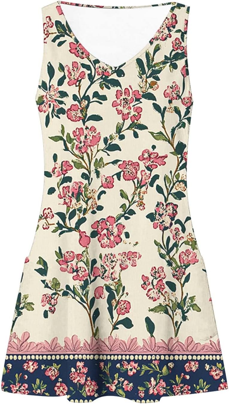 Womens 2025 Spring Summer Dresses Casual Floral Print V-Neck Tank Dress Curve Hem Pleated A-Line Sundresses
