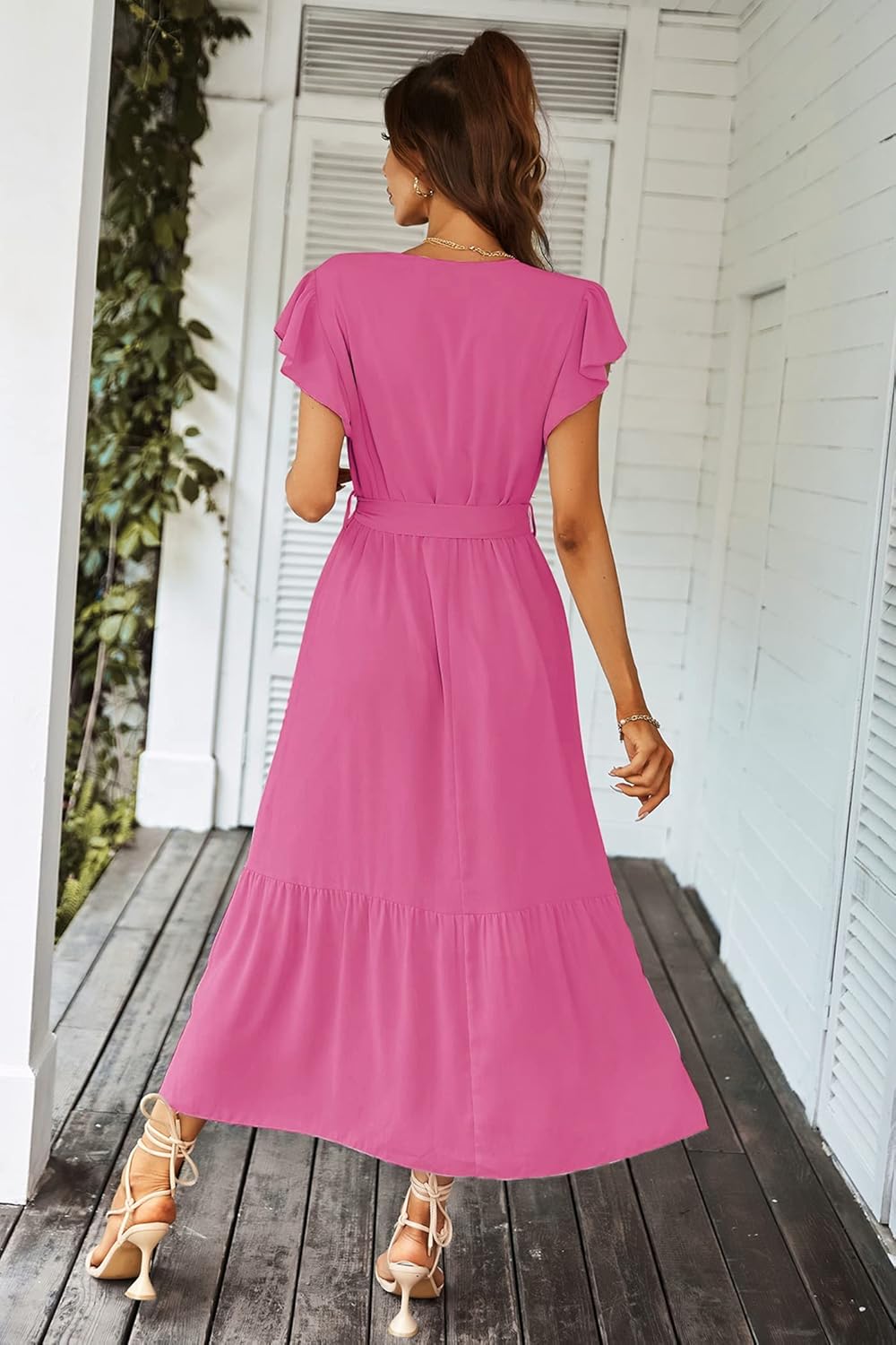 PRETTYGARDEN Women's Summer Floral Boho Dress Wrap V Neck Short Sleeve Ruffle A-Line Flowy Maxi Wedding Guest Dresses