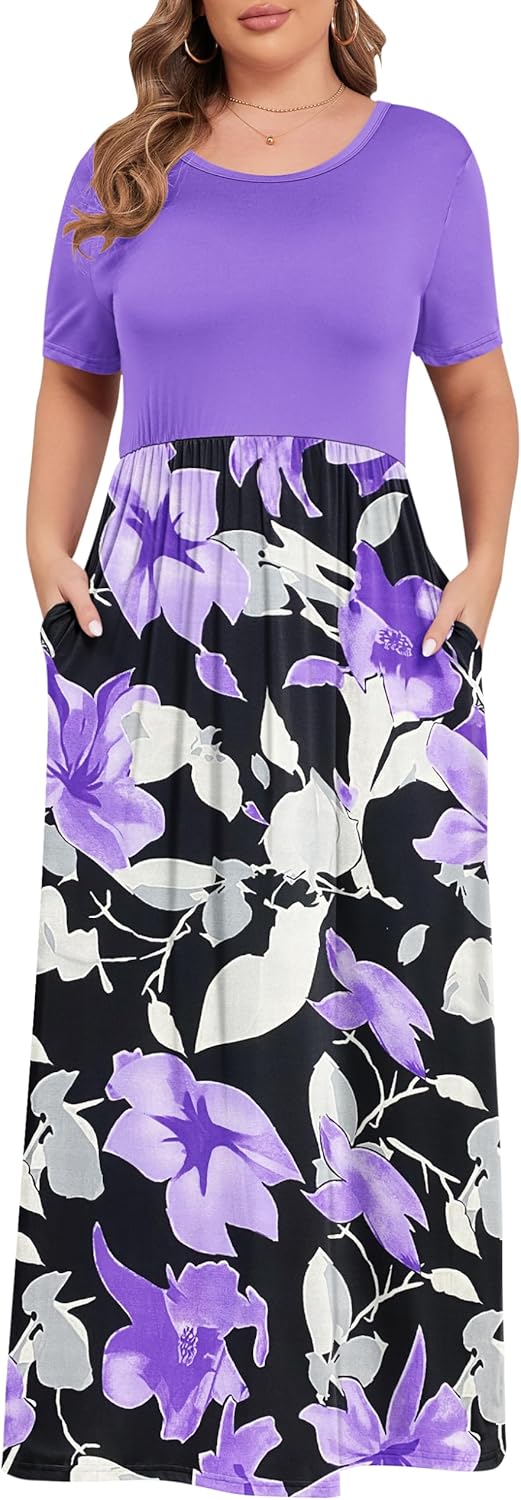 KARALIN Women’s Plus Size Maxi Dresses for Curvy Women Summer Casual Short Sleeve 2025 Long Dress 14W-26W