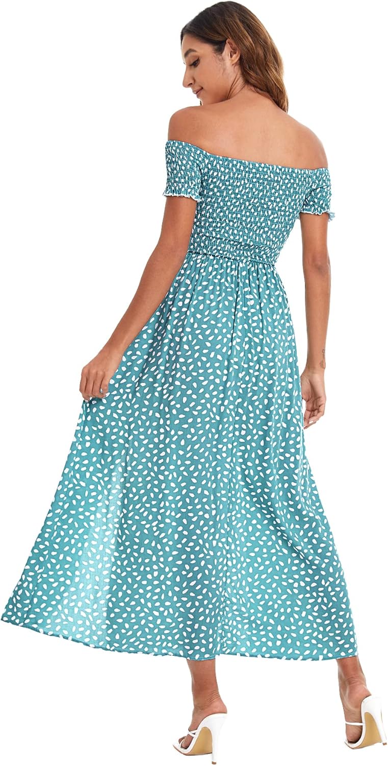 Floerns Women's Boho Floral Print Off Shoulder Split Long A Line Dress
