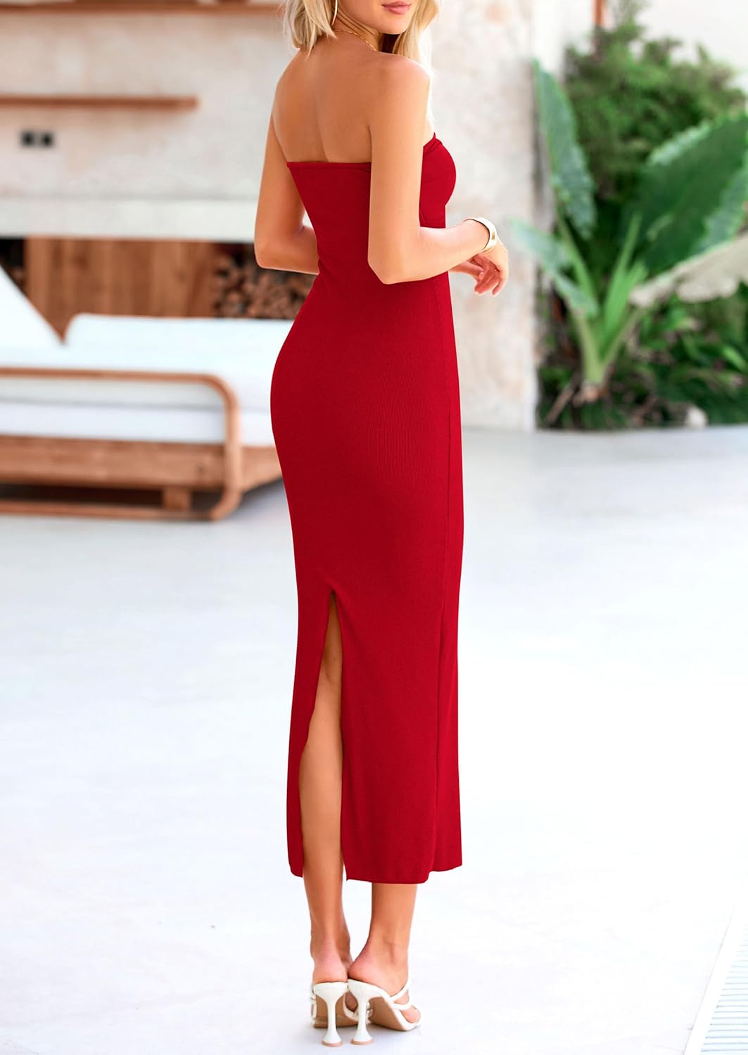 PRETTYGARDEN Women's Bodycon Long Dresses Summer Strapless Tube Twist Knot Front Ribbed Knit Maxi Cocktail Dress with Slit
