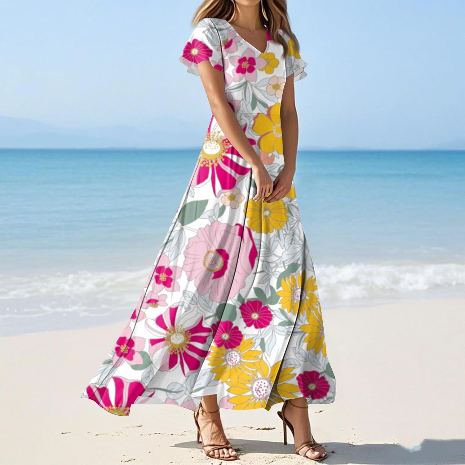 Womens Fashion V Neck Ruffle Short Sleeve Maxi Dress 2025 Summer Elegant Solid Color Flowy A Line Dresses