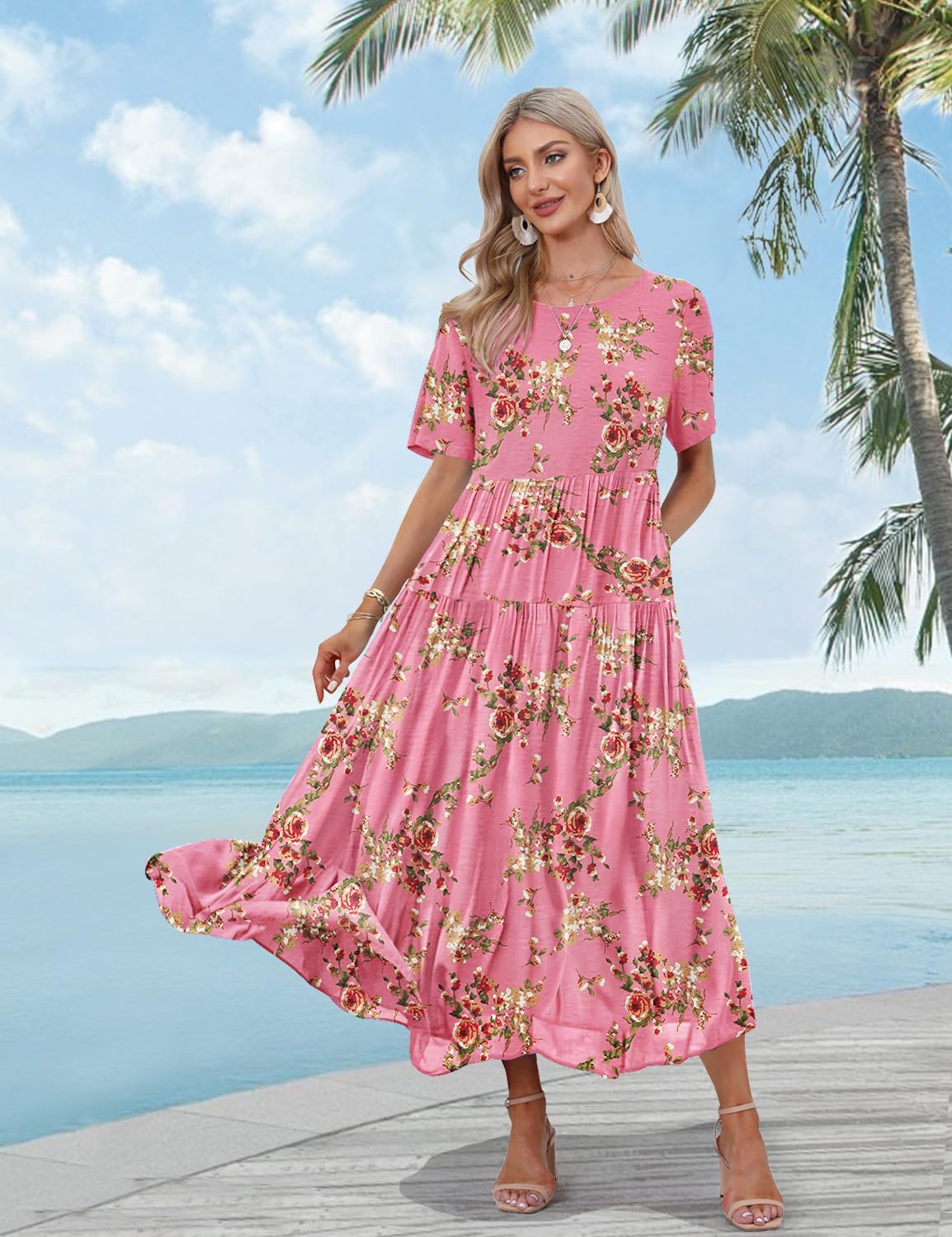 YESNO Women Casual Loose Bohemian Floral Dress with Pockets Short Sleeve Long Maxi Summer Beach Swing Dress EJF