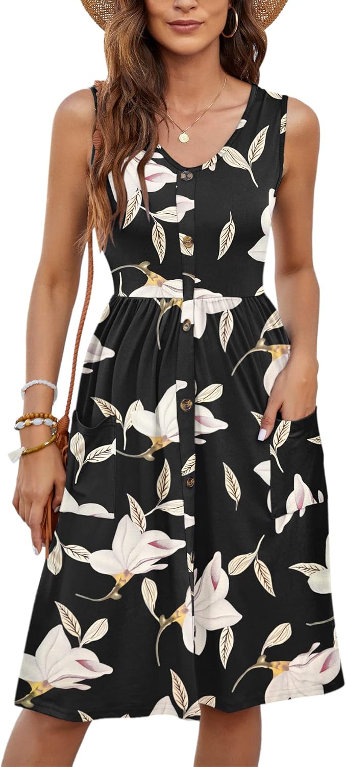 MOLERANI Women Summer Dresses Sleeveless Casual Loose Swing Button Down Midi Dress with Pockets