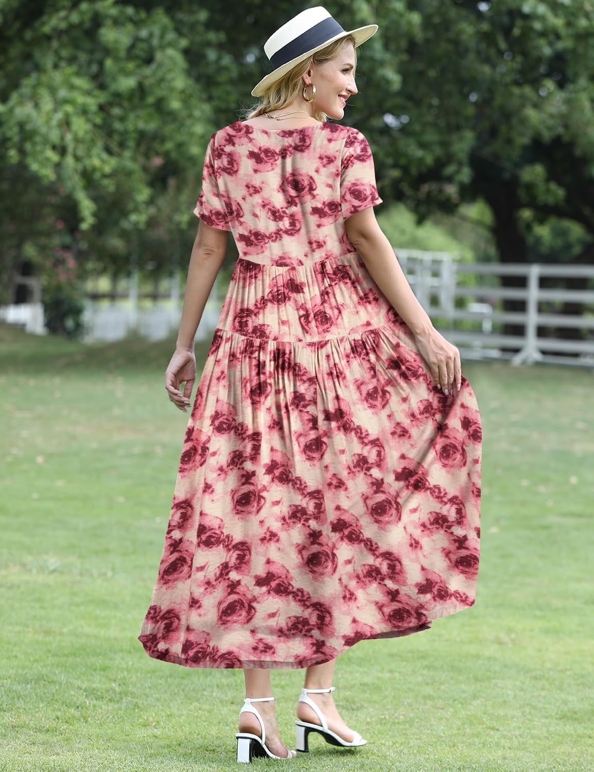YESNO Women Casual Loose Bohemian Floral Dress with Pockets Short Sleeve Long Maxi Summer Beach Swing Dress EJF