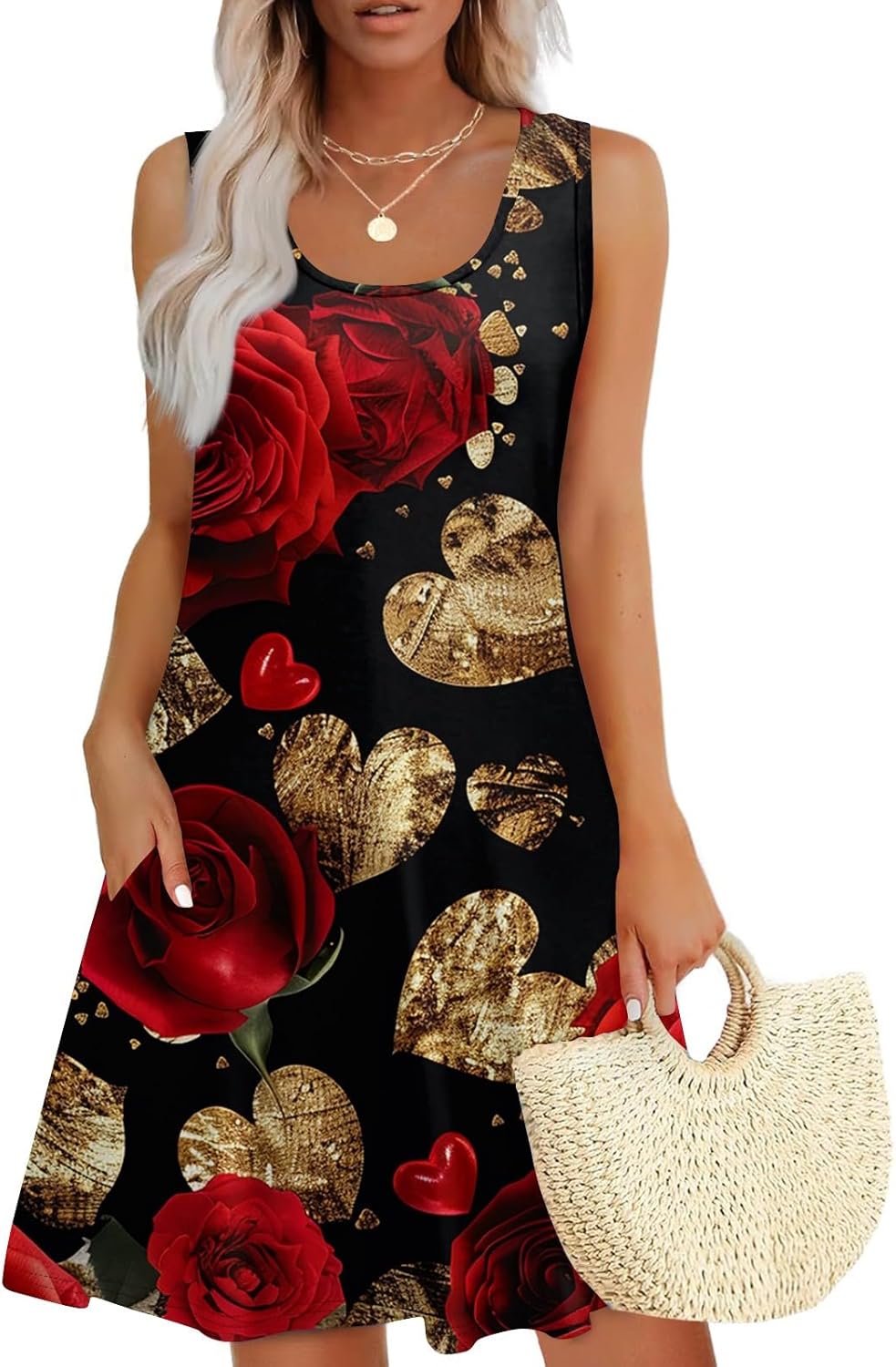 Women's Casual Sundress with Pockets Summer Boho Beach Dress,Holiday Hresses for Woment-Shirts Dress U Neck Loose Tank