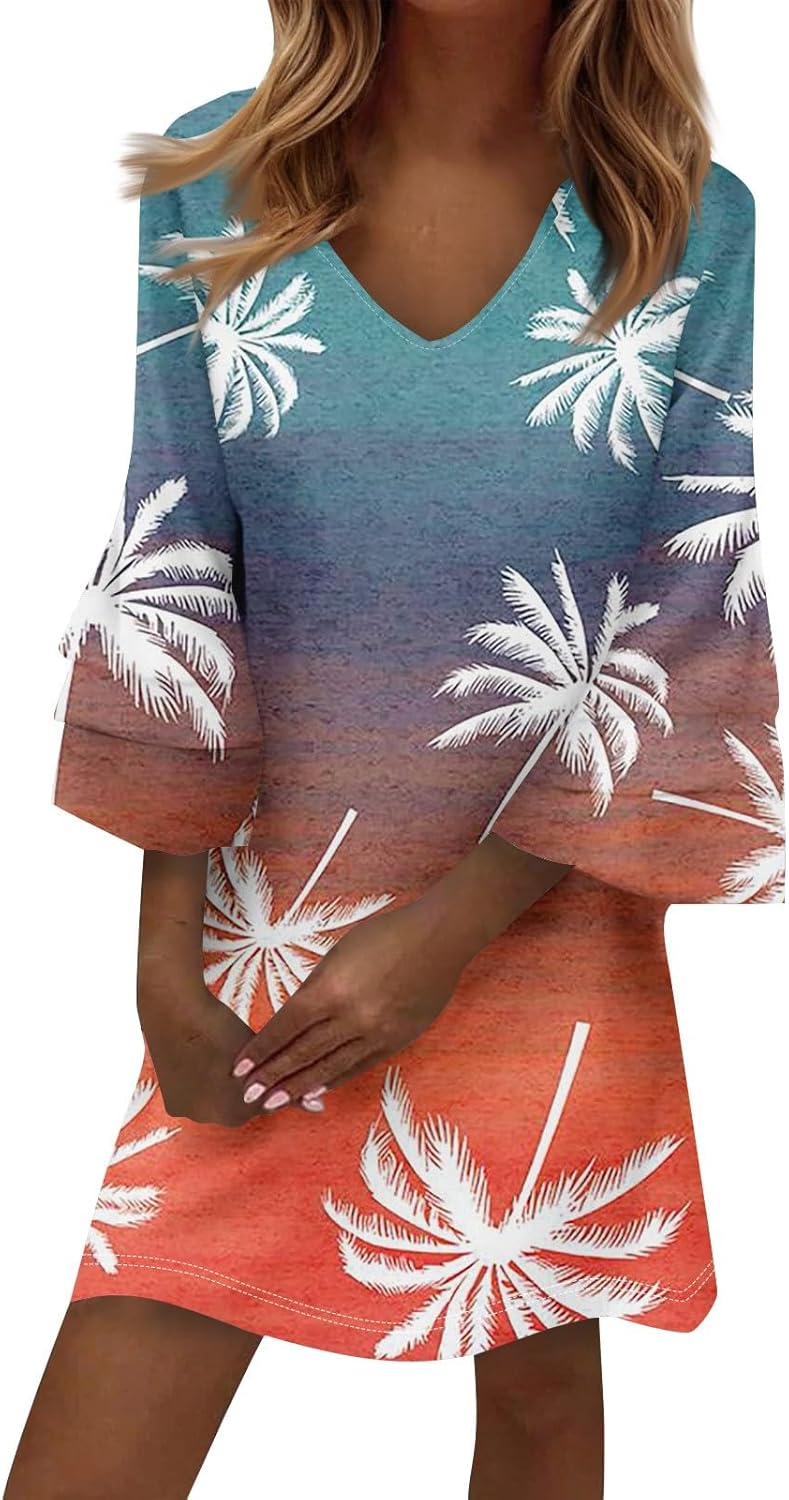 Beach Dresses for Women,2025 Summer Trendy Floral Print Boho Dress,Casual Loose V Neck Bell 3/4 Sleeve Mini Dress