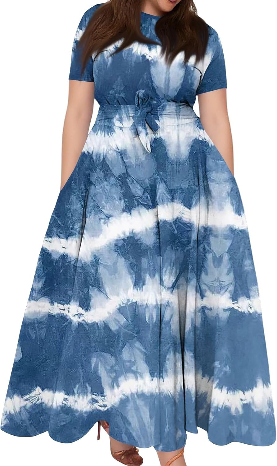 ZEFOTIM Maxi Dress for Women Plus Size Cute Floral Dress Short Sleeve Crew Neck Dresses