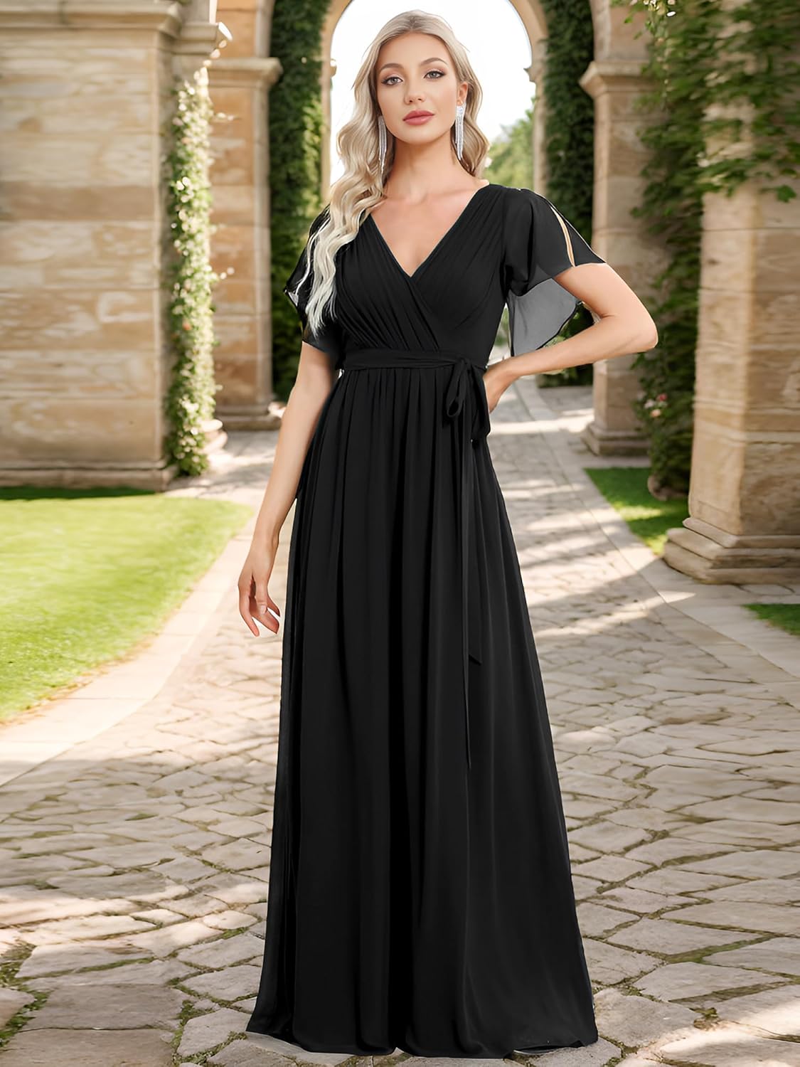 Ever-Pretty Women's Bridesmaid Dress V-Neck Ruffle Sleeves Ruched Bust Floor Length Chiffon Formal Dresses 0164A