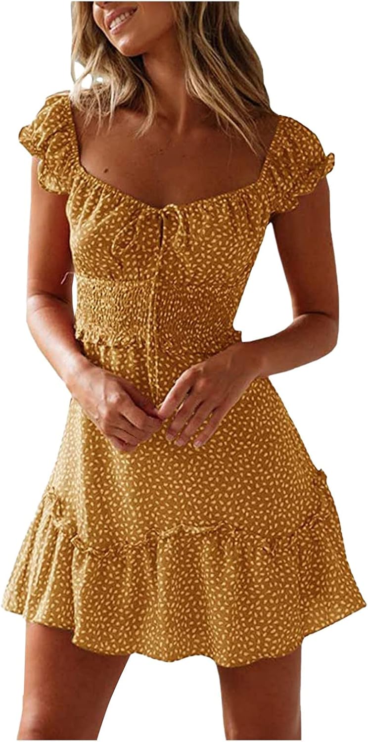 iQKA Women Short Mini Dress Summer Bohemian Floral Print Short Sleeve Square Neck Sexy Babydoll Dresses S-3XL