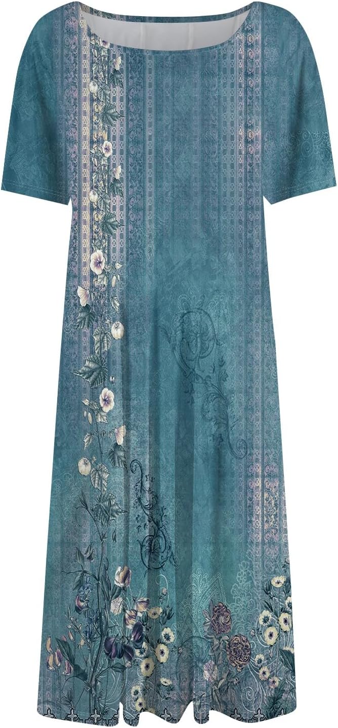 Summer Dresses for Women 2025 Crew Neck Short Sleeve Boho Beach Vacation Floral/Solid Midi Sundresses with Pockets