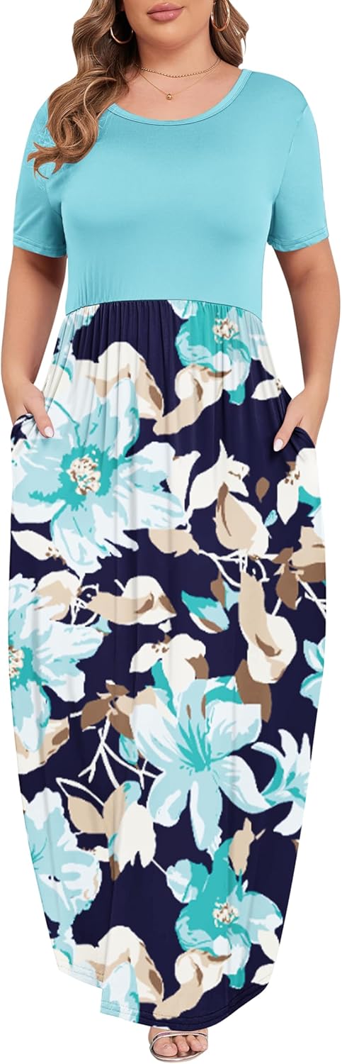 KARALIN Women’s Plus Size Maxi Dresses for Curvy Women Summer Casual Short Sleeve 2025 Long Dress 14W-26W