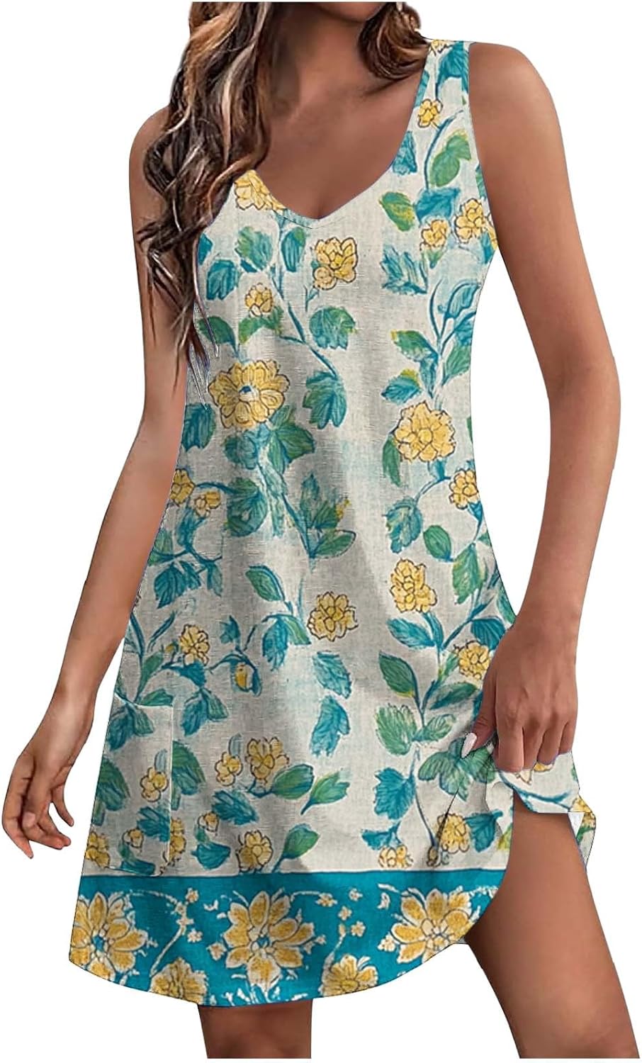 Womens 2025 Spring Summer Dresses Casual Floral Print V-Neck Tank Dress Curve Hem Pleated A-Line Sundresses