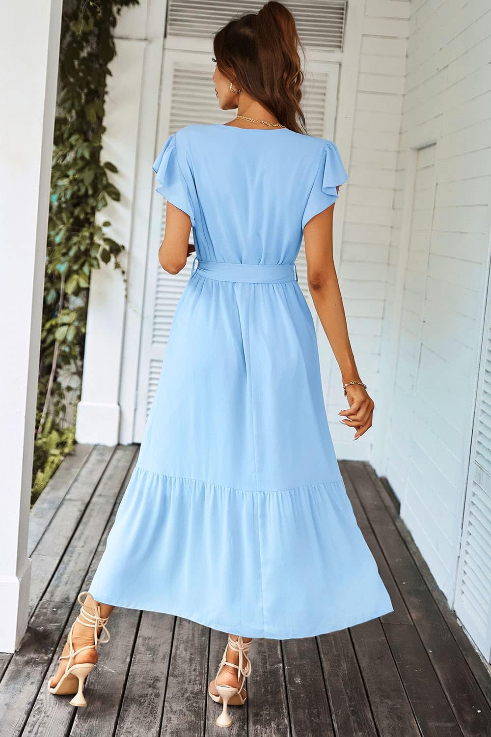 PRETTYGARDEN Women's Summer Floral Boho Dress Wrap V Neck Short Sleeve Ruffle A-Line Flowy Maxi Wedding Guest Dresses