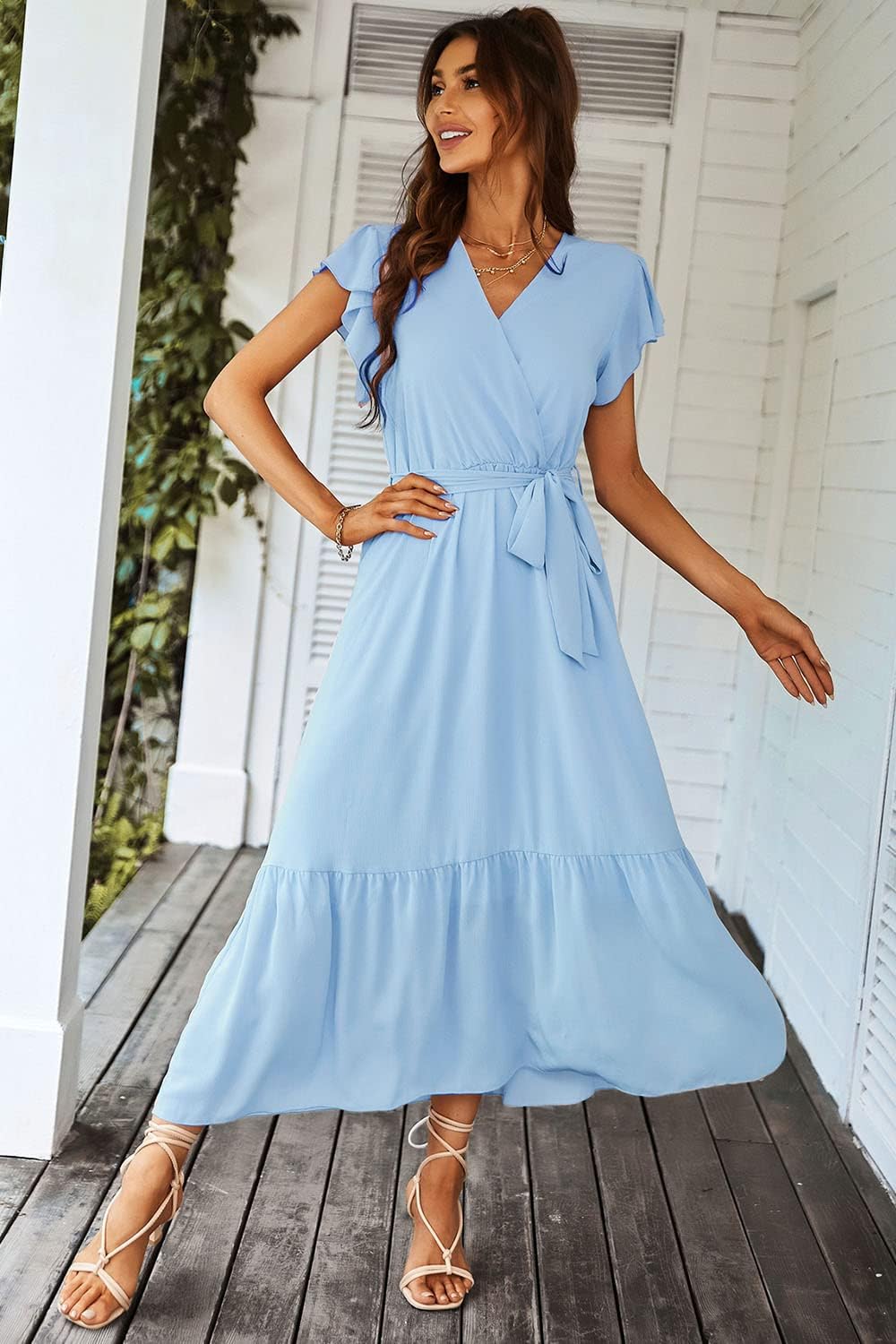 PRETTYGARDEN Women's Summer Floral Boho Dress Wrap V Neck Short Sleeve Ruffle A-Line Flowy Maxi Wedding Guest Dresses