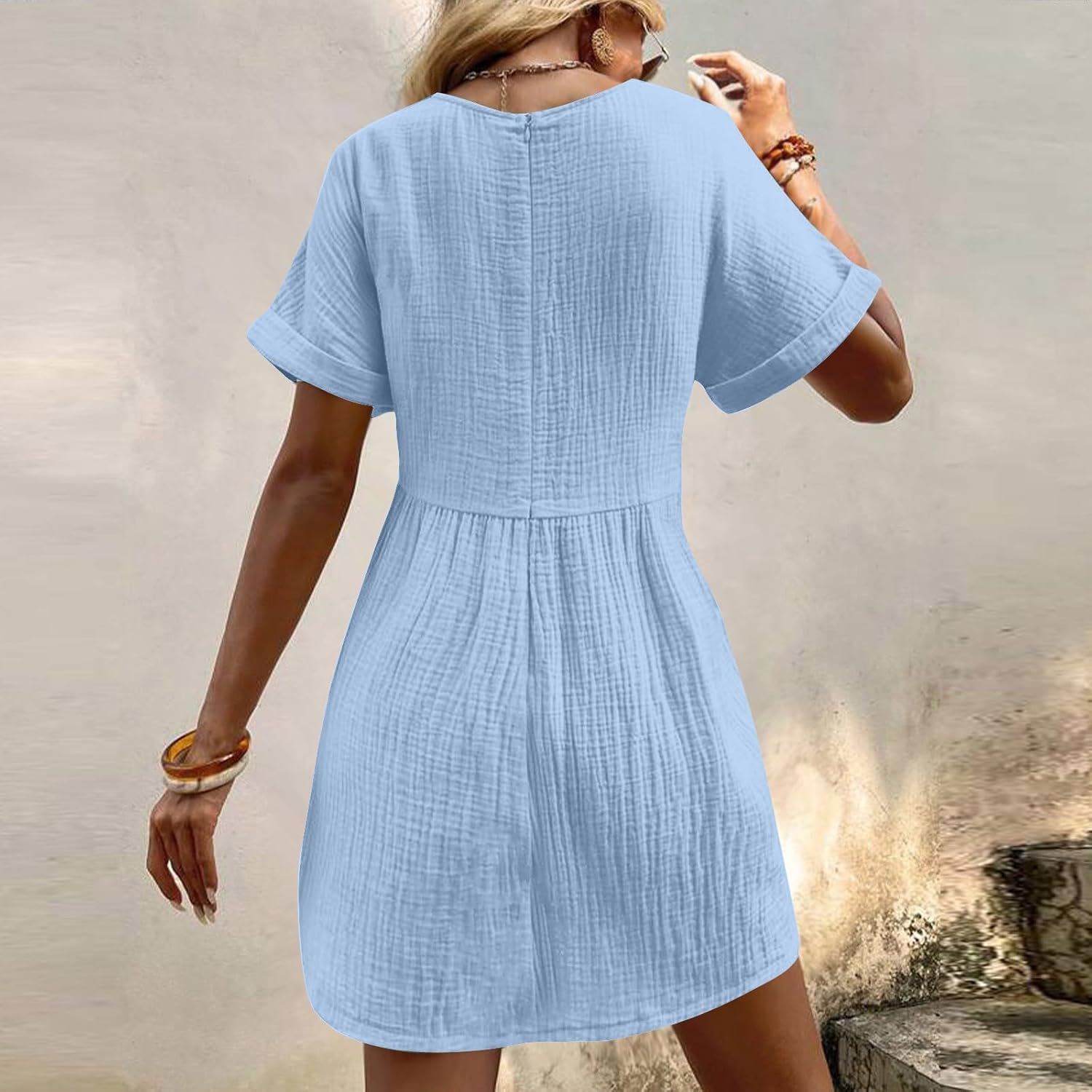 hlysgo Womens Summer Dresses 2024 Casual Loose Fit Short Sleeve V Neck Mini Dress Trendy Vacation Tshirt Dress with Pockets