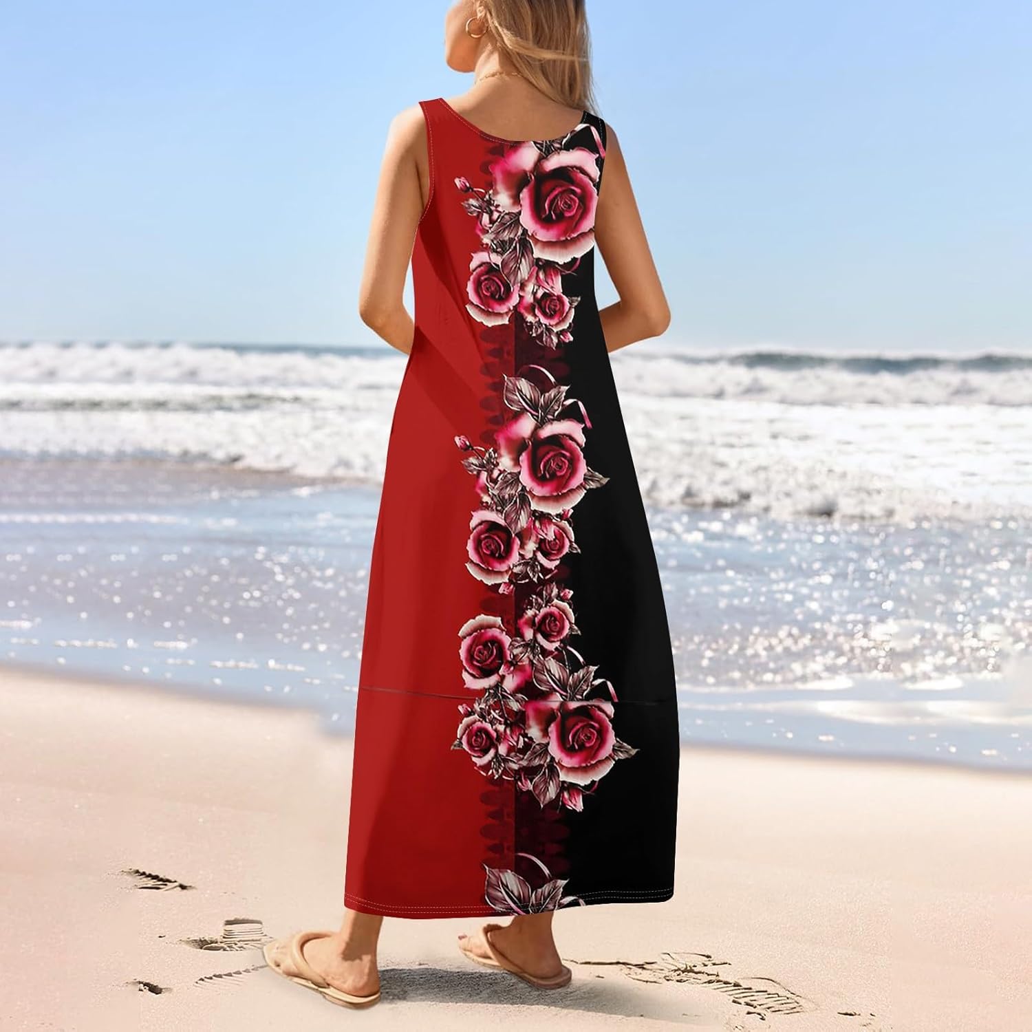 Womens Summer Tank Dress Vacation Boho Floral Long Dresses with Pockets Resort Wear Swing Beach Sleeveless Sundress