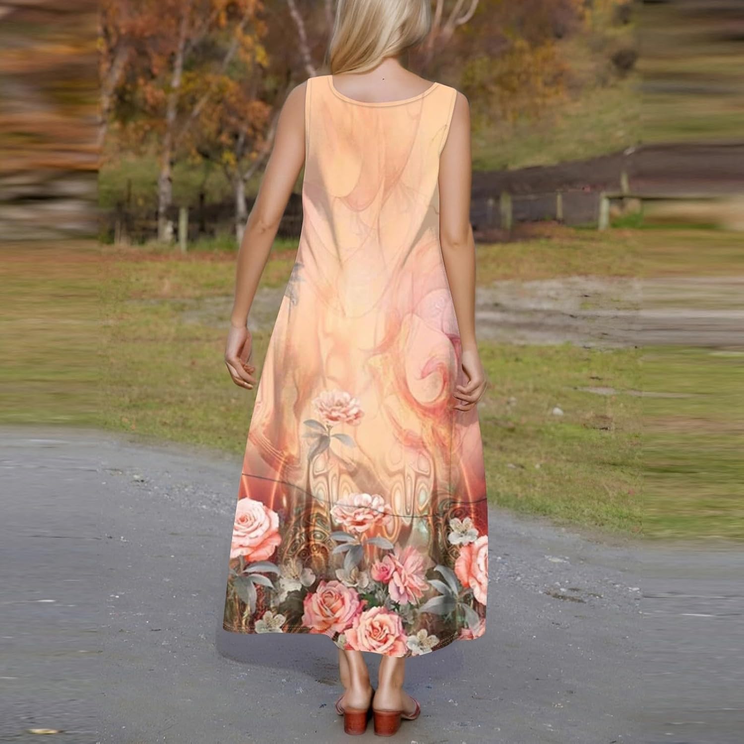 Womens Summer Tank Dress Vacation Boho Floral Long Dresses with Pockets Resort Wear Swing Beach Sleeveless Sundress