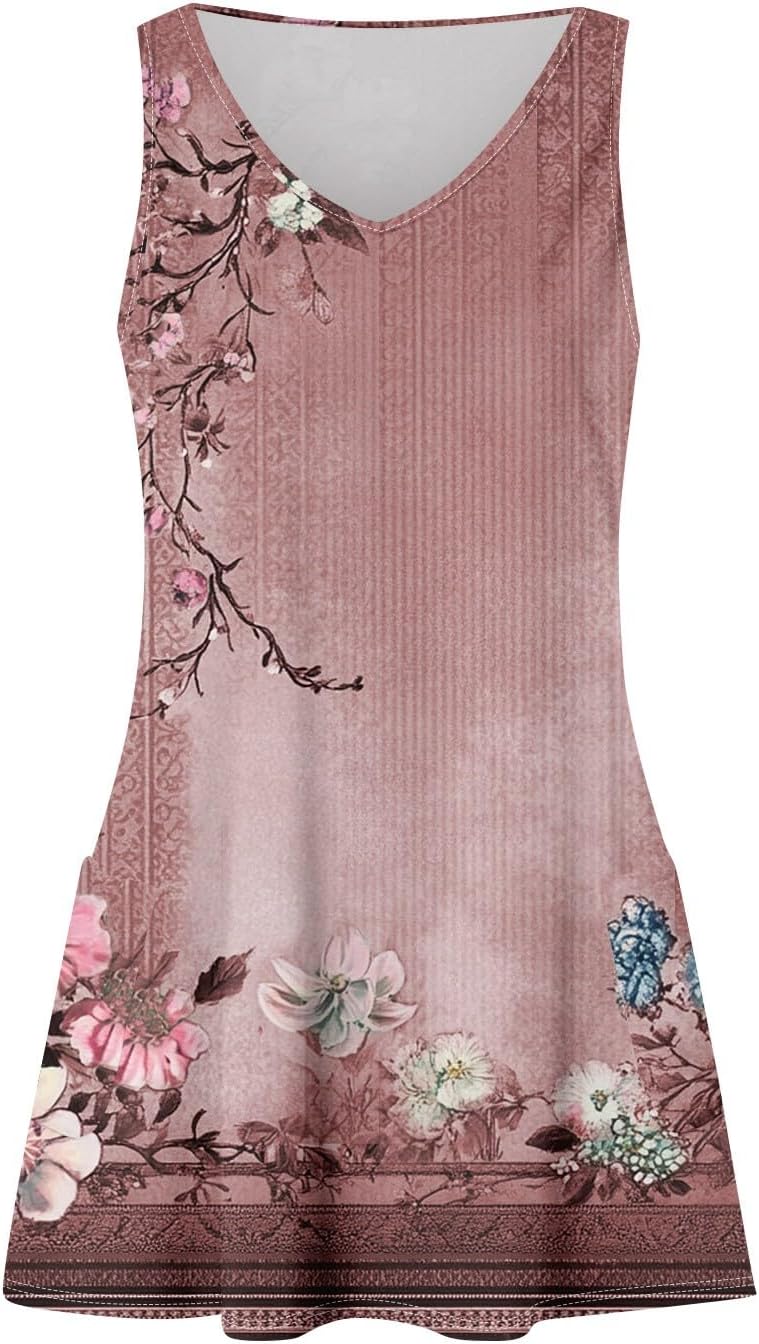 Women's Sleeveless Floral Print Summer Dress Casual V-Neck A-Line Mini Dress for Beach Party and Daily Wear