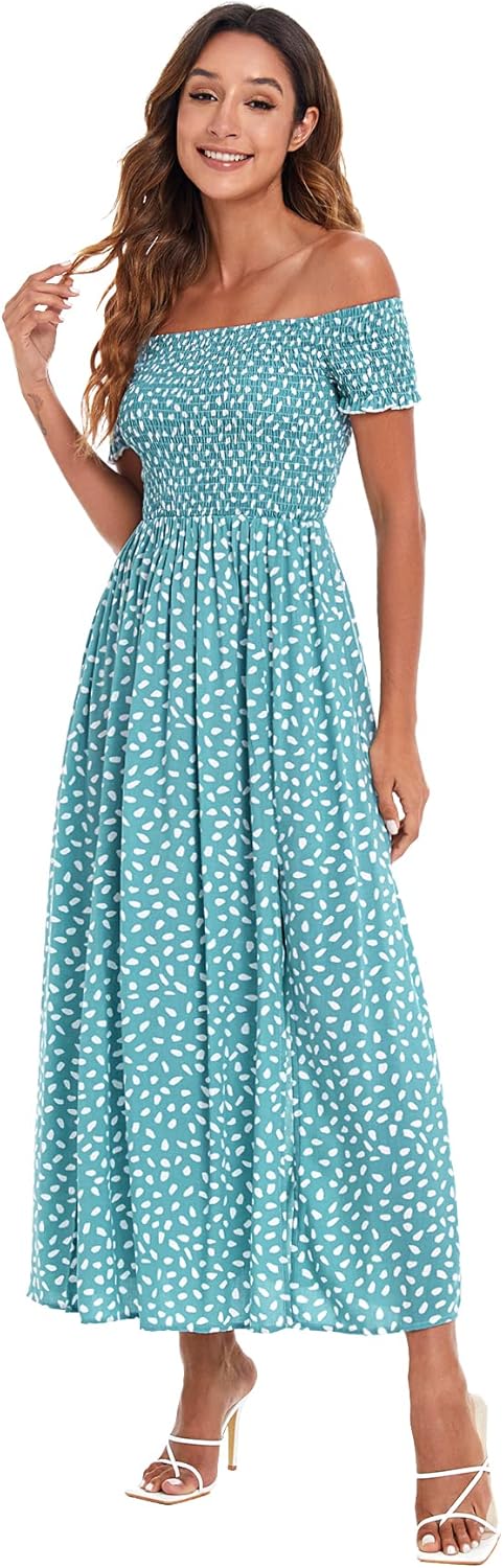 Floerns Women's Boho Floral Print Off Shoulder Split Long A Line Dress