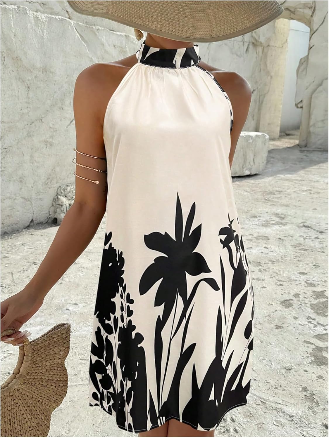 Floerns Women's Geo Print Halter A Line Dress Sleeveless Vacation Short Dresses