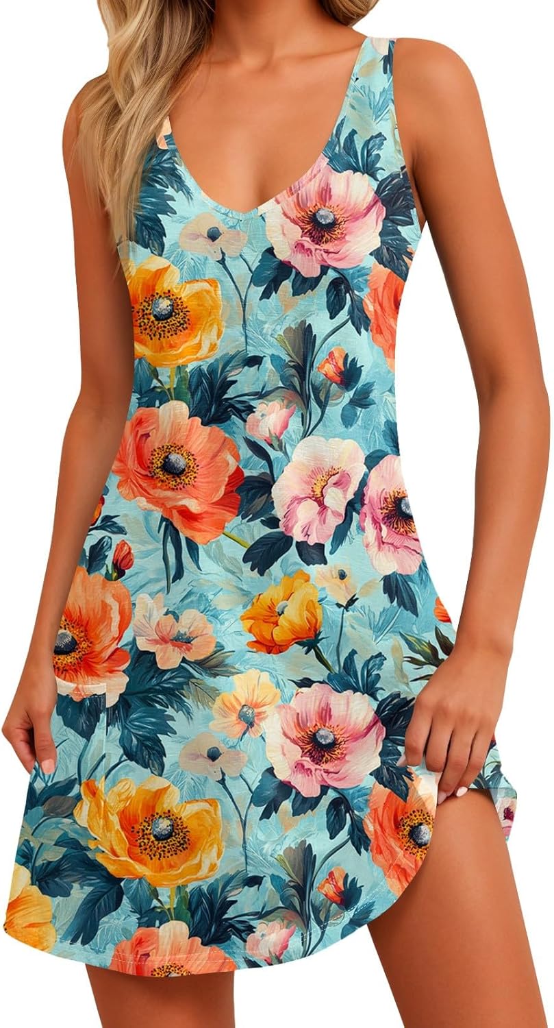 NBXNZWF Women Summer Casual Dress 2025 Casual Loose Sleeveless V-Neck Sundresses A Line Tshirt Beach Dresses with Pockets
