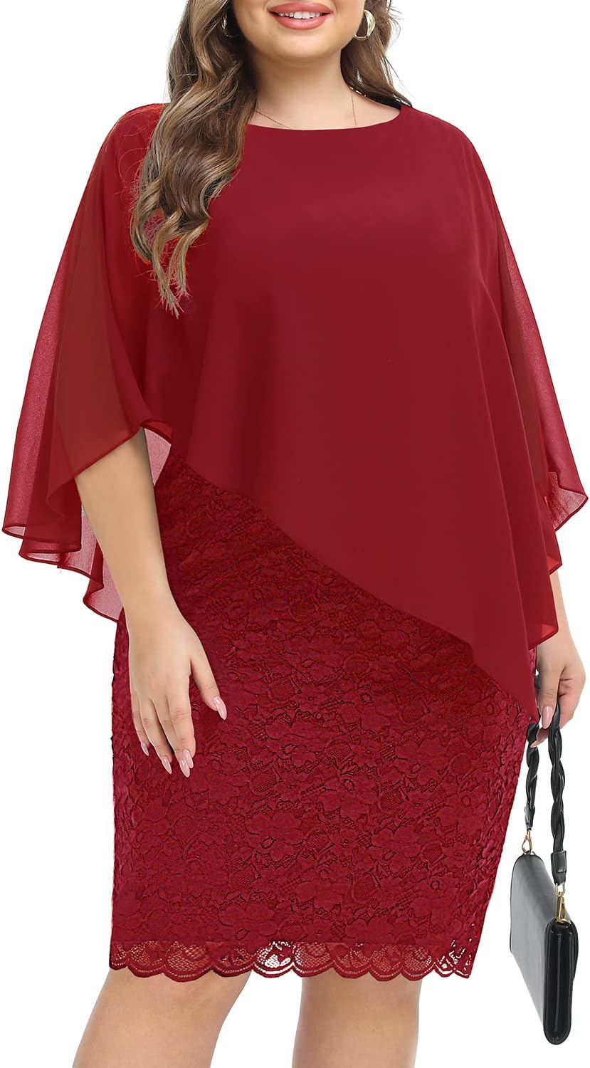 Plus Size Dresses Wedding Guest - Mother Bride Semi Formal Lace Cape with Chiffon Overlay Dresses