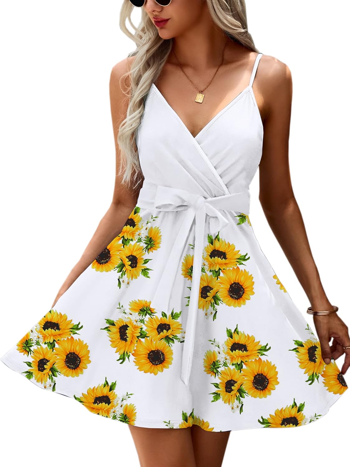 ECOWISH Summer Dresses for Women 2025 V-Neck Spaghetti Strap Bowknot Backless Sleeveless Lace Mini Swing Skater Dress