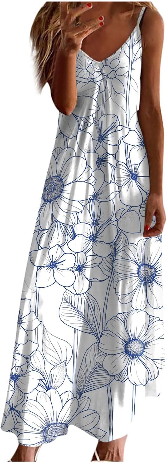 Womens Floral Maxi Dresses Spaghetti Strap Casual Summer Long Dress Vneck Flowy Boho Beach Sundress Vacation Outfits