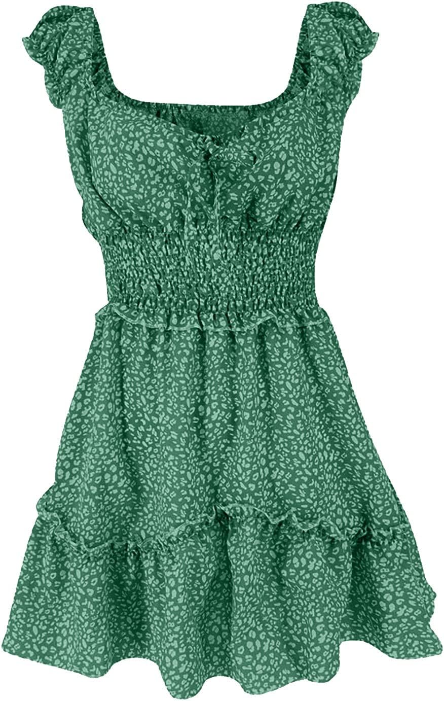 iQKA Women Short Mini Dress Summer Bohemian Floral Print Short Sleeve Square Neck Sexy Babydoll Dresses S-3XL