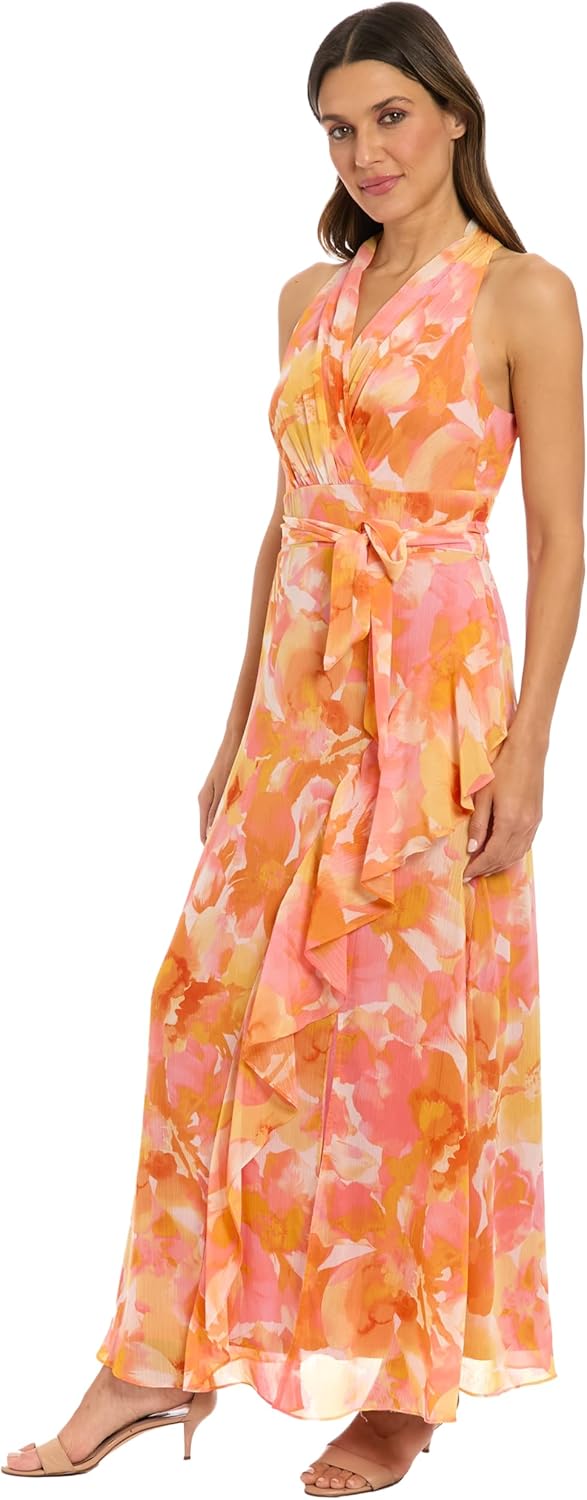 London Times V-Neck Waist Tie Ruffle Cascade Wedding Guest Dresses for Women