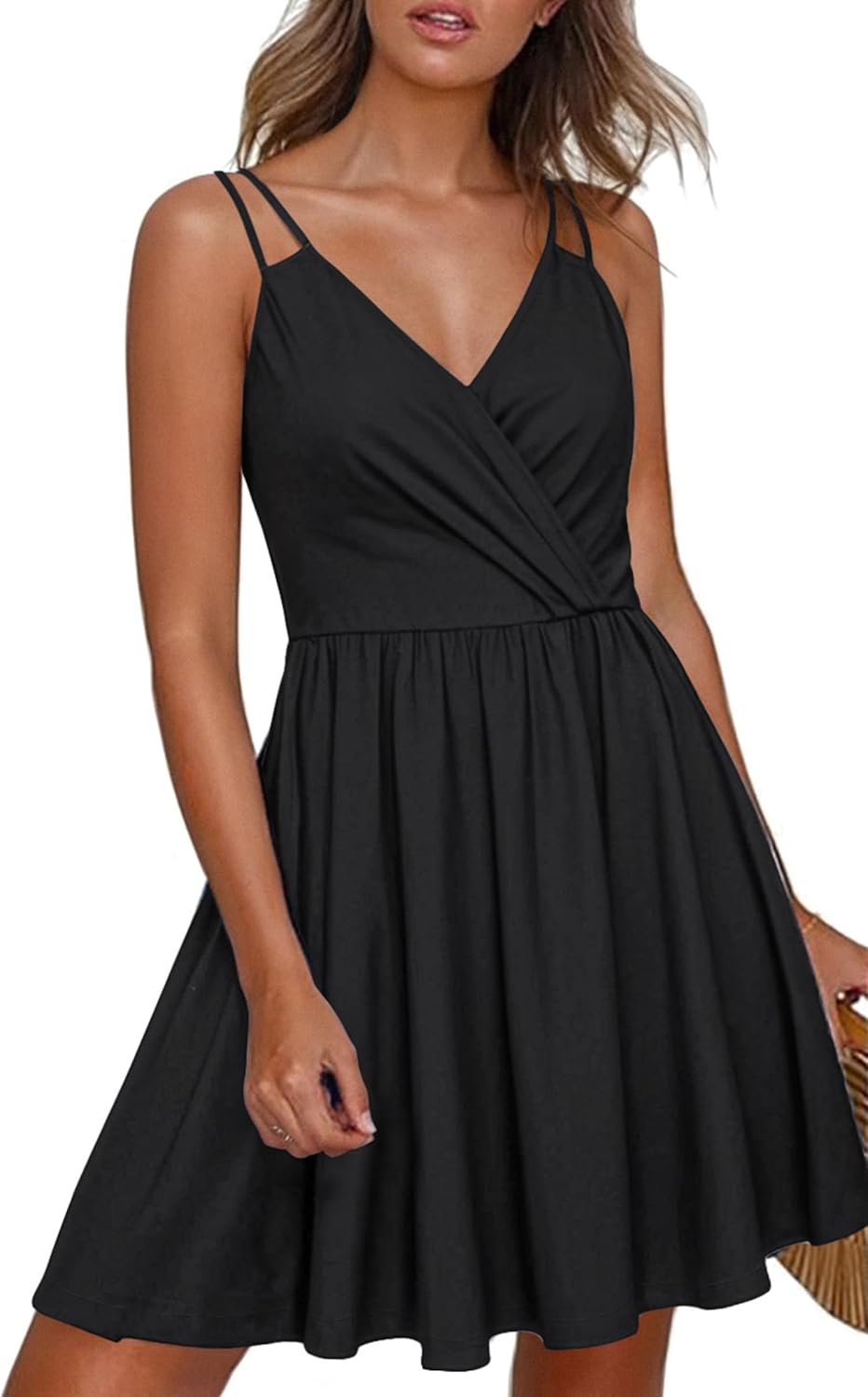 ECOWISH Summer Dresses for Women 2025 V-Neck Spaghetti Strap Bowknot Backless Sleeveless Lace Mini Swing Skater Dress
