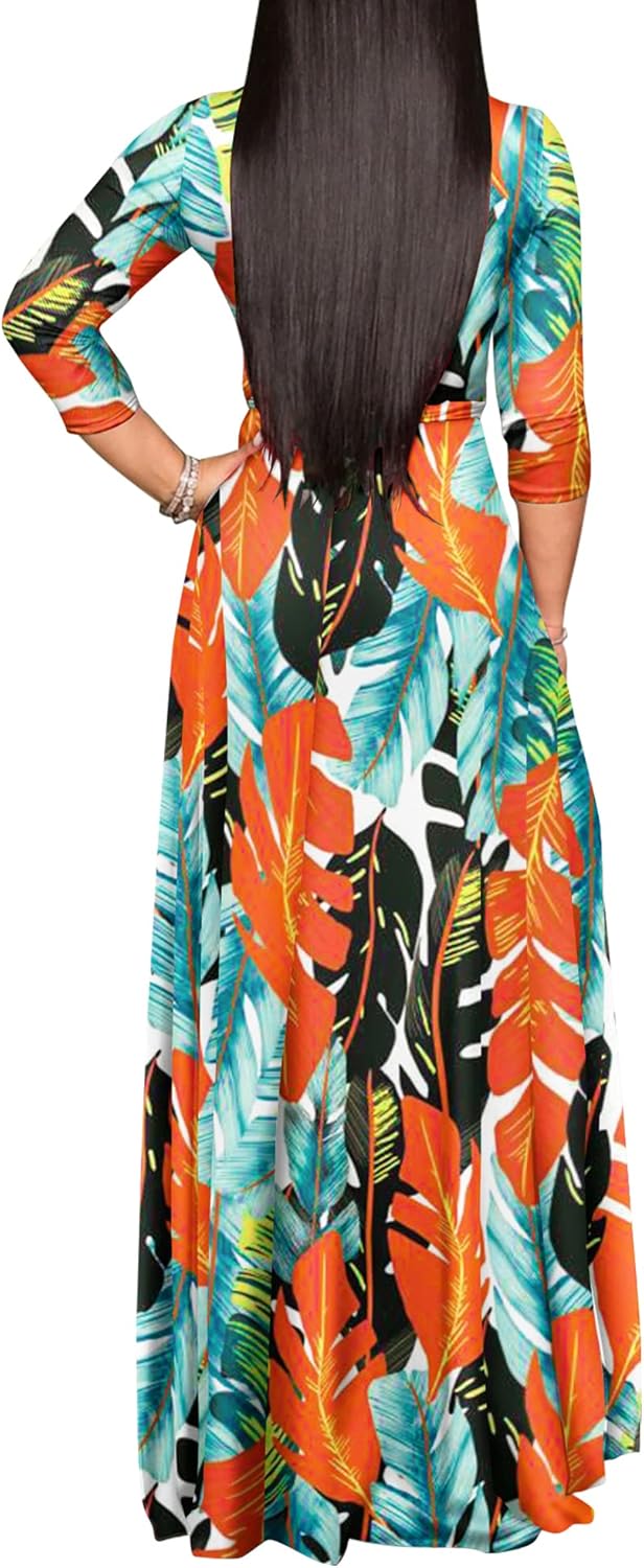 FANDEE Plus Size Maxi Dress for Women Casual Summer Sundress V-Neck 3/4 Sleeve