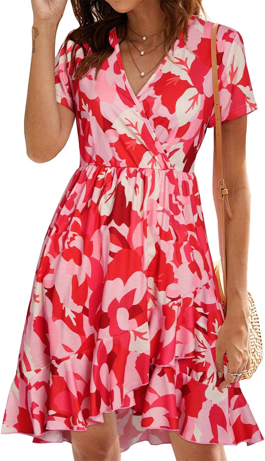 ULTRANICE Womens Summer Dresses Floral V Neck Ruffled Hem Spaghetti Spring Casual Beach Outfits Flowy Wrap Sun Dress